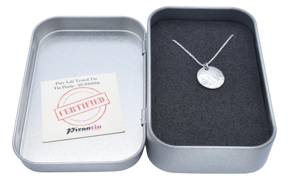 Tin Beaten Disc Pendant Necklace – 10th Anniversary Gift, Pure Tin