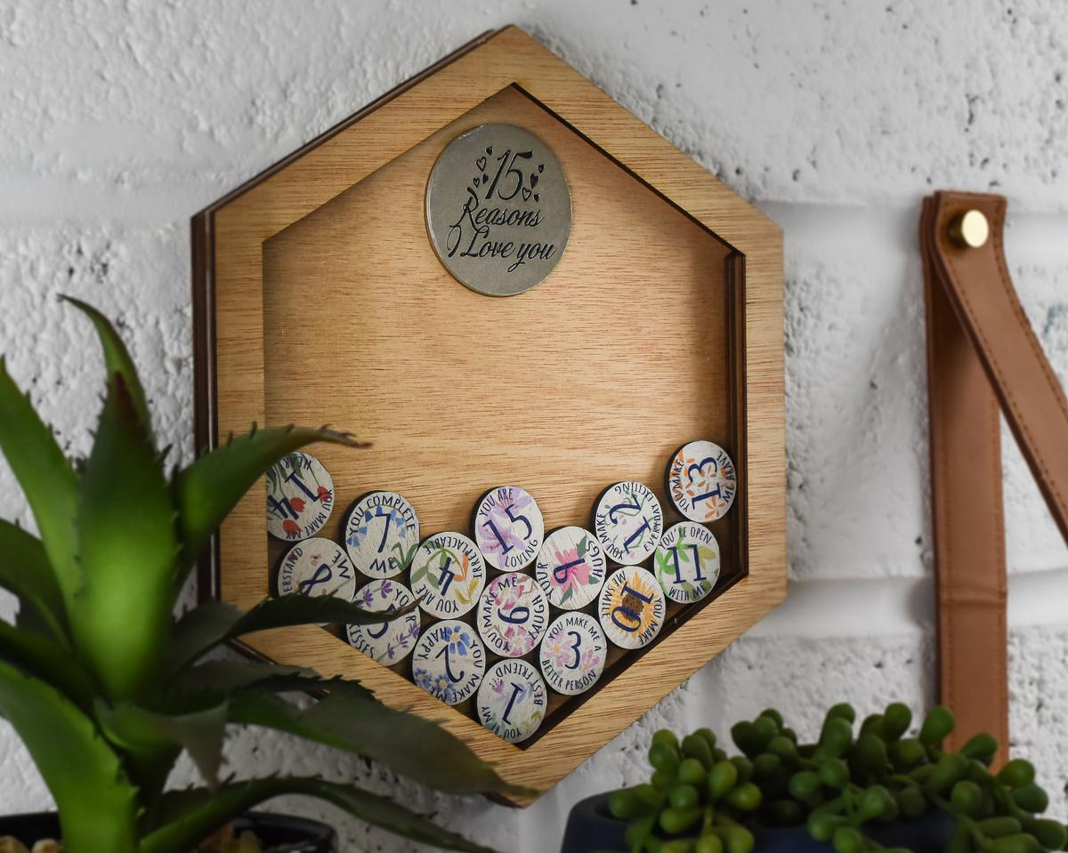 15th Anniversary 15 Reasons I Love You Wooden Wall Frame - Full Colour Love Tokens