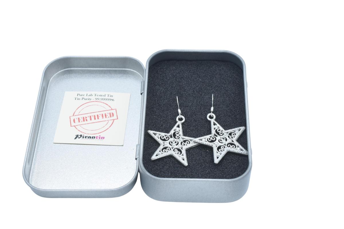 Tin Detailed Cut Out Star Design Earrings - Anniversary or Birthday Gift