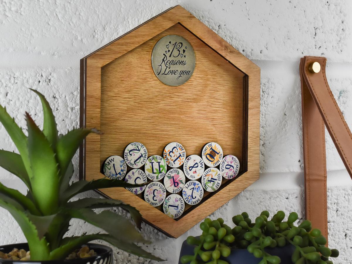 13th Anniversary Gift for Husband or Wife | 13 Reasons I Love You Wooden Wall Frame with Love Tokens | Lace Anniversary Keepsake