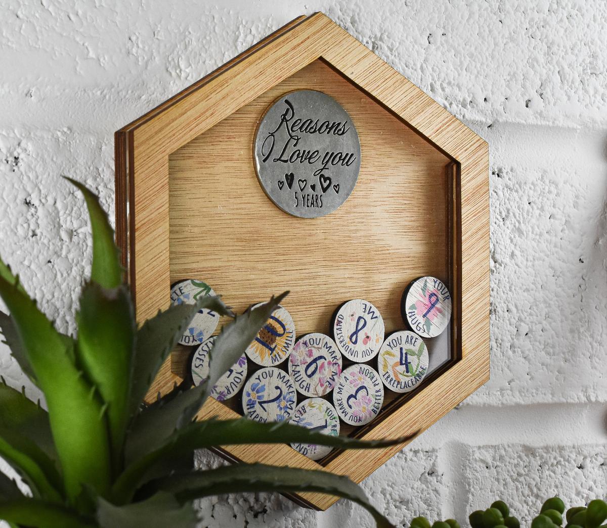 5th Anniversary Reasons I Love You Wooden Wall Frame and Full Colour Love Tokens