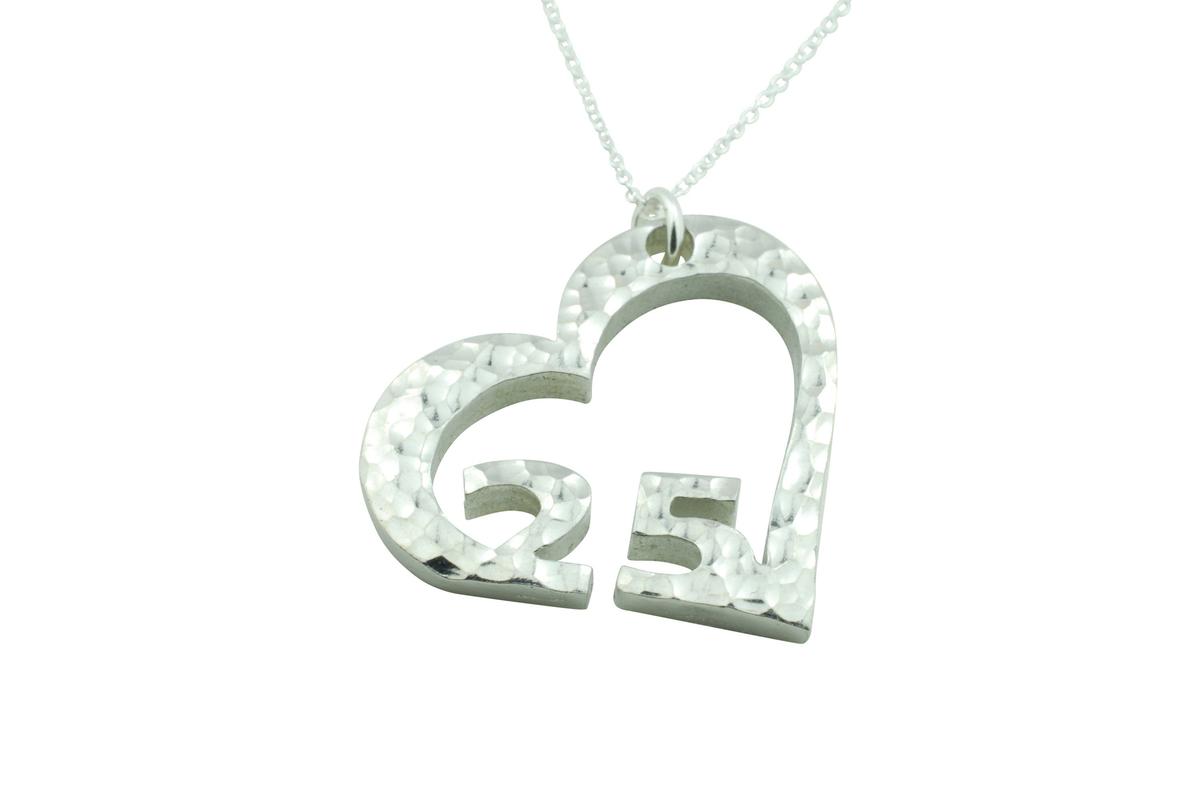 25th Anniversary Beaten Heart Pendant with Sterling Silver Chain
