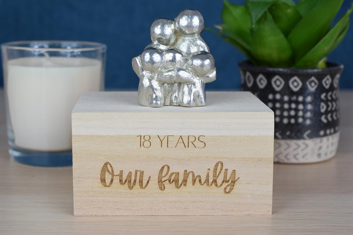 18th Anniversary Hugging Family Sculpture | Engraved Wooden Box
