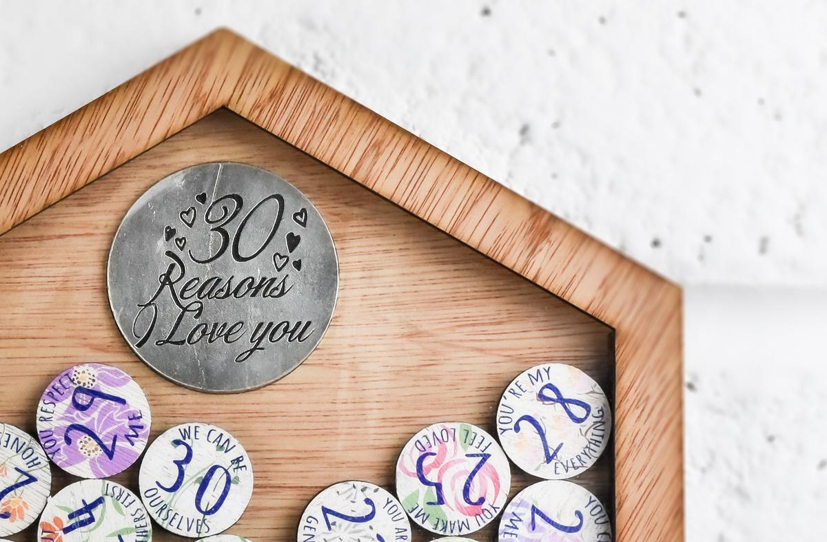 30th Anniversary 30 Reasons I Love You Wooden Wall Frame - Full Colour Love Tokens