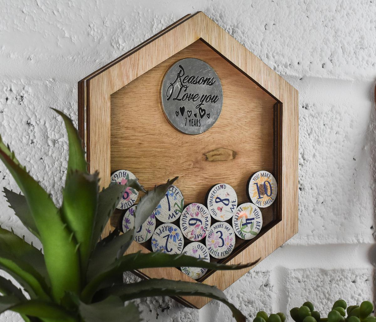 7th Anniversary Reasons I Love You Wooden Wall Frame and Full Colour Love Tokens