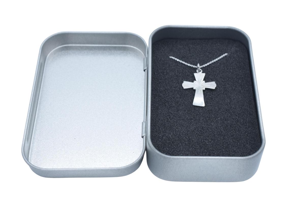 Detailed Tin Cross Necklace - 10th Anniversary Gift. Birthdays.