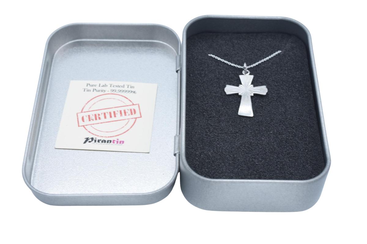 Detailed Tin Cross Necklace - 10th Anniversary Gift. Birthdays.