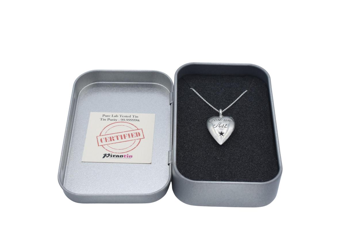 French Tin Heart Pendant - 100% Pure Tin 10 Yr Anniversary 'L'amour n'est pas un sentiment c'est un Art'.Love is not a feeling it's an Art'.