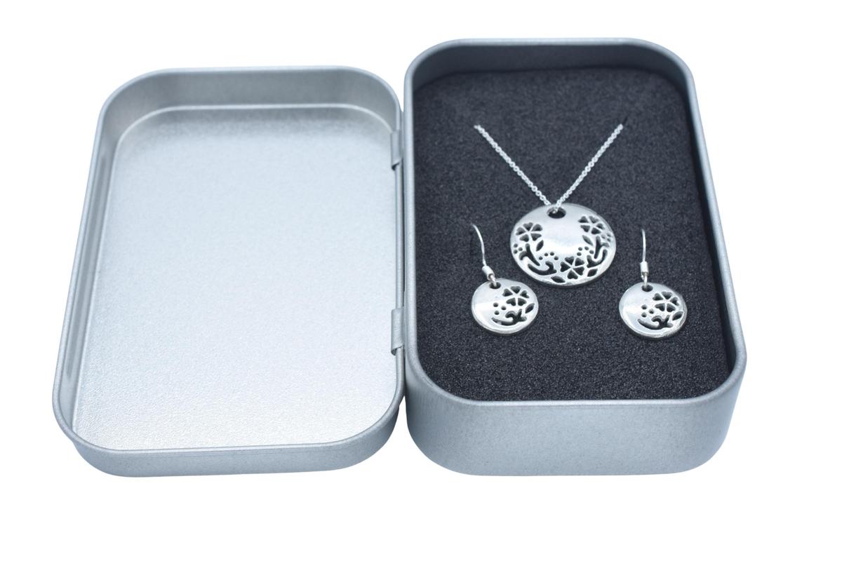 Tin  Cut Out Flower Design Jewellery Set – Handcrafted Pure Tin Necklace & Earrings, Unique 10 Year Gift for Wife
