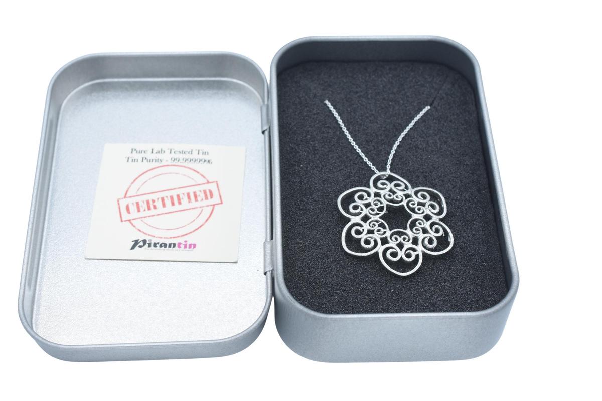 Tin Intricate Flower Swirl Design Pendant/Necklace. 10th Wedding Anniversary. Birthday.