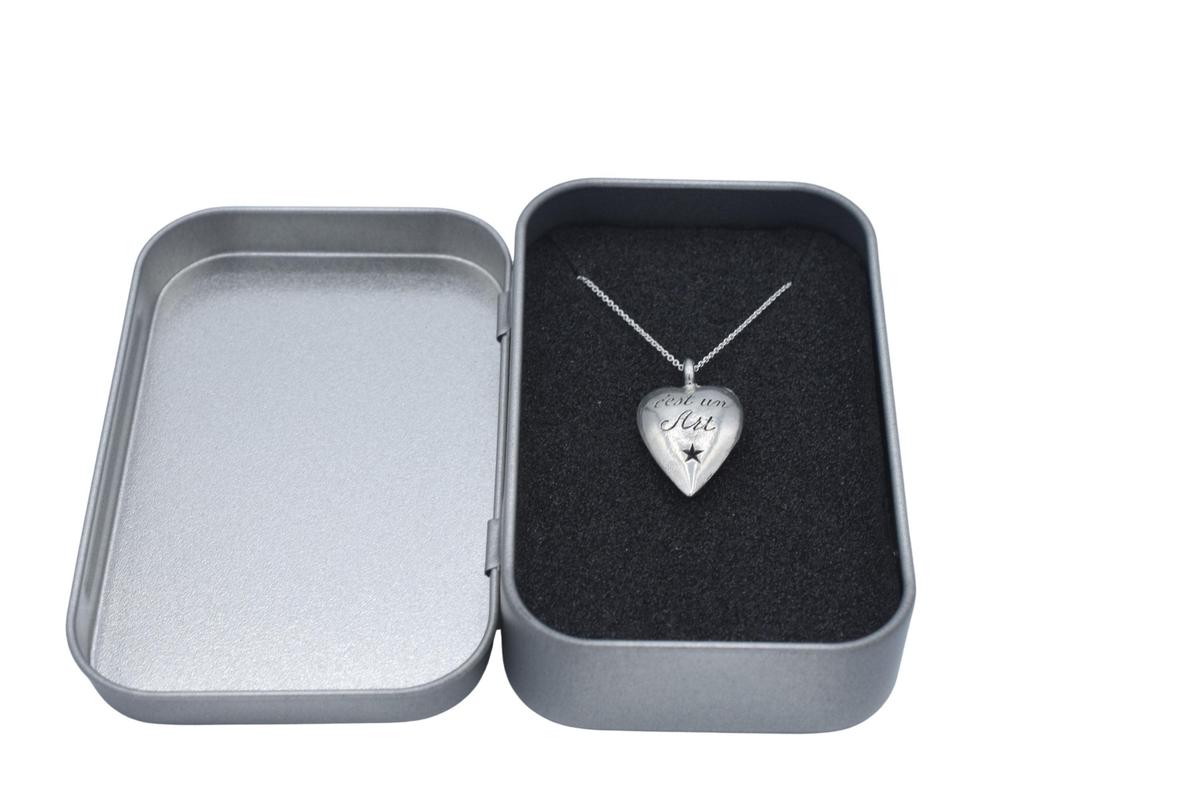 French Tin Heart Pendant - 100% Pure Tin 10 Yr Anniversary 'L'amour n'est pas un sentiment c'est un Art'.Love is not a feeling it's an Art'.