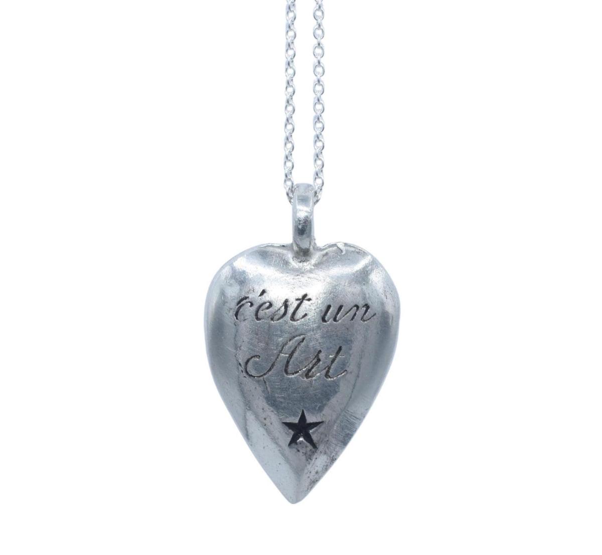 French Tin Heart Pendant - 100% Pure Tin 10 Yr Anniversary 'L'amour n'est pas un sentiment c'est un Art'.Love is not a feeling it's an Art'.