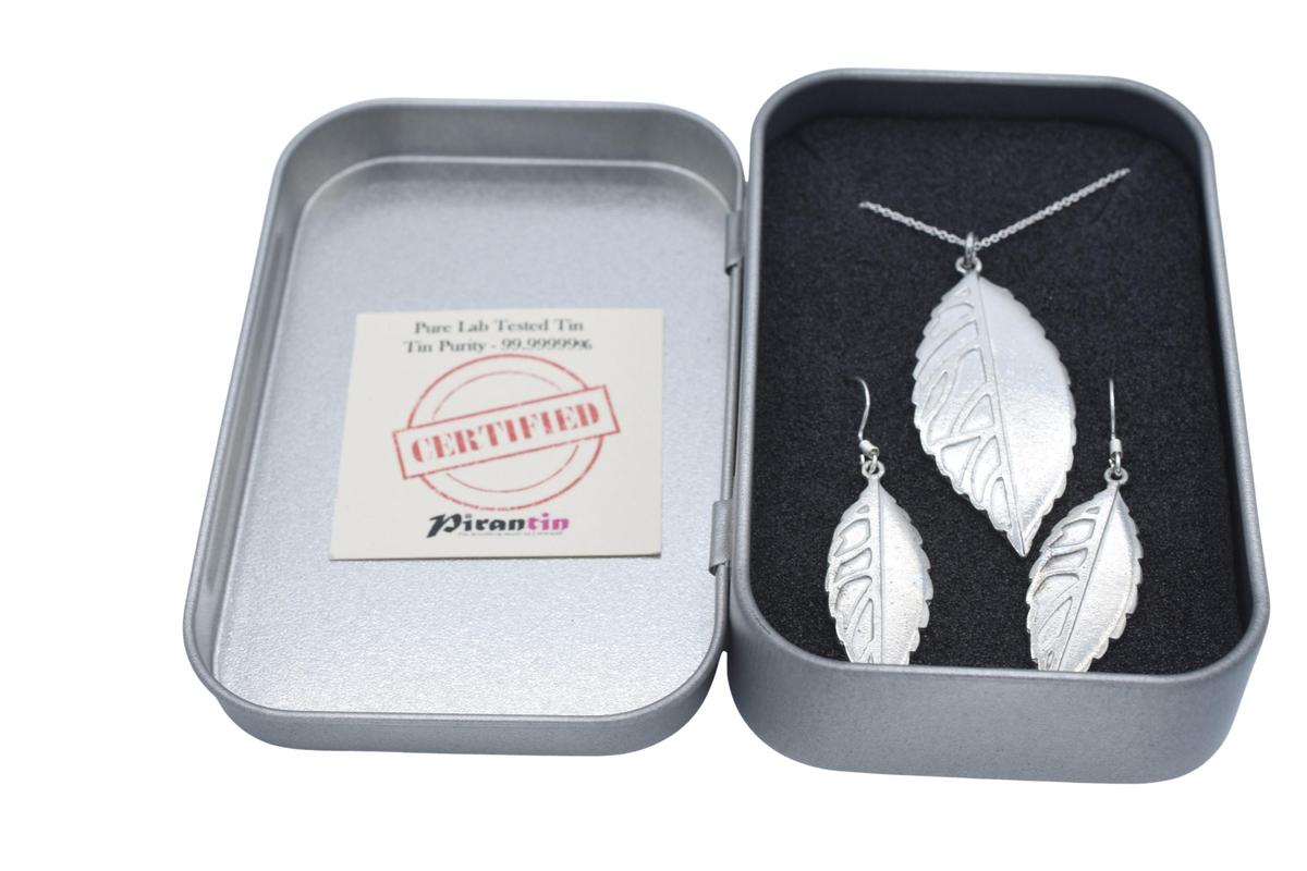 Tin Leaf Jewellery Set – Handcrafted Pure Tin Necklace & Earrings, Unique 10 Year Gift for Wife