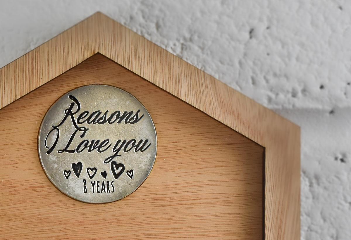 8th Anniversary Reasons I Love You Wooden Wall Frame and Full Colour Love Tokens
