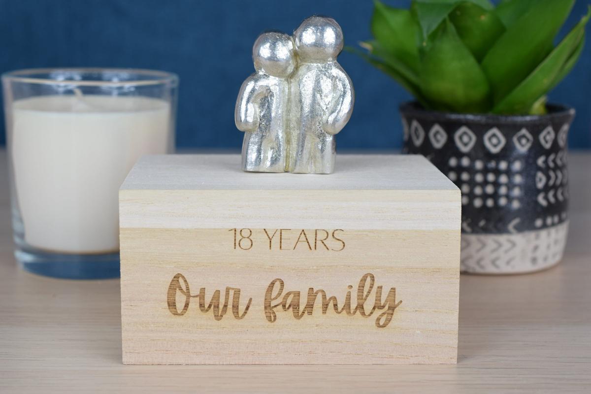 18th Anniversary Hugging Family Sculpture | Engraved Wooden Box
