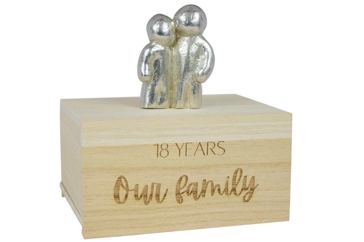 18th Anniversary Hugging Family Sculpture | Engraved Wooden Box