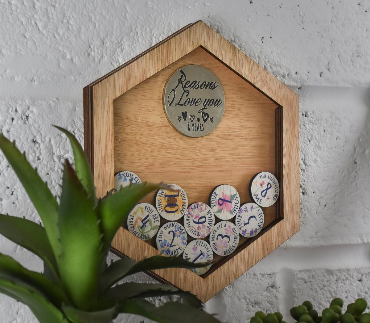 8th Anniversary Reasons I Love You Wooden Wall Frame and Full Colour Love Tokens
