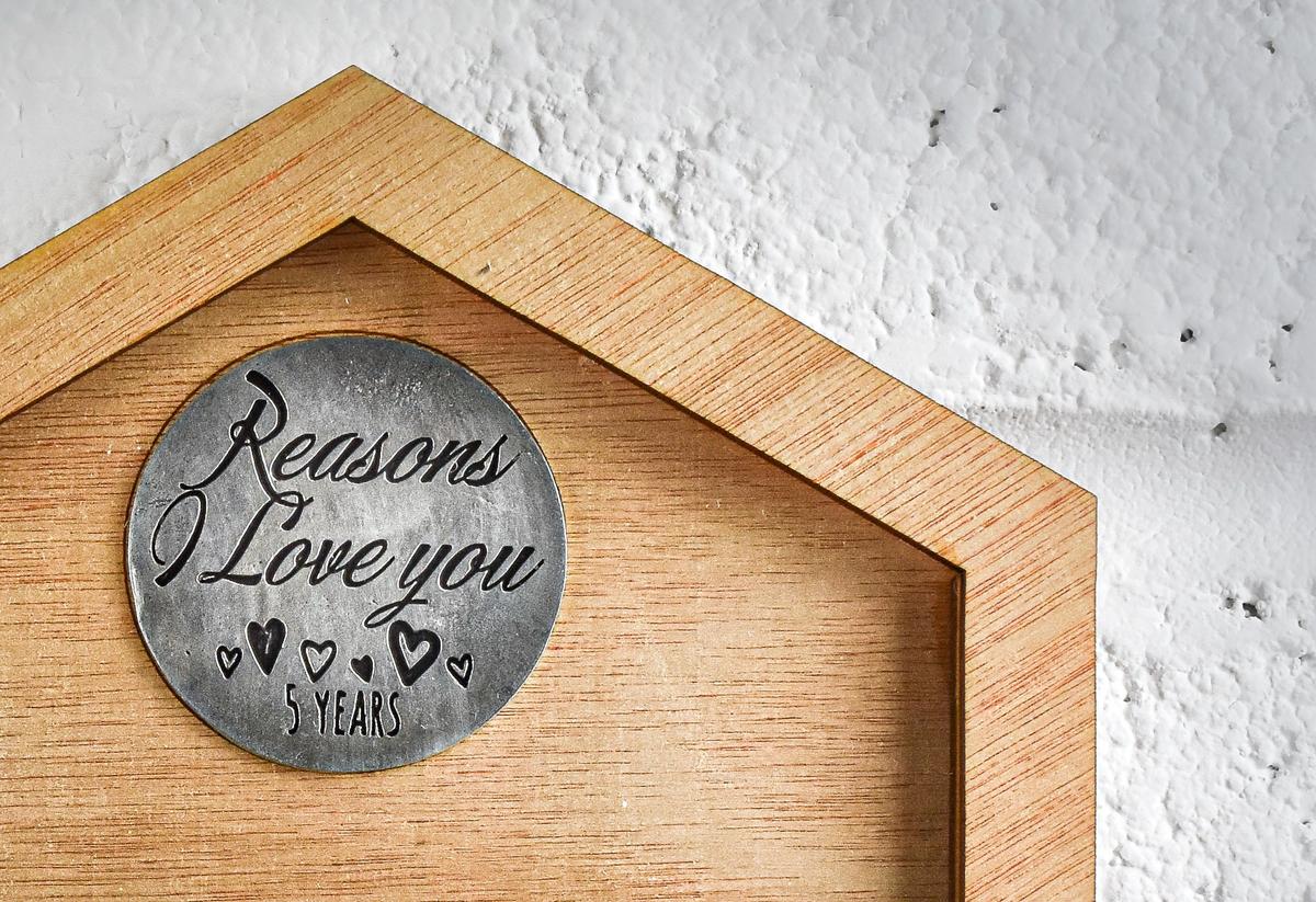 5th Anniversary Reasons I Love You Wooden Wall Frame and Full Colour Love Tokens