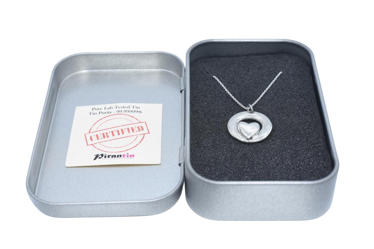 Tin Circle and Heart Pendant - 100% Pure Tin. 10 Year Anniversary. Birthday.