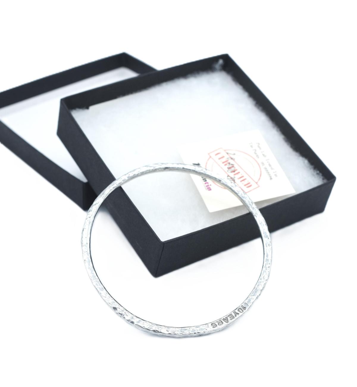 Tin Bangle - 10th Anniversary Gift for Him & Her - Pure Tin Beaten Bangle Inscribed With 10 Years. 3 sizes available