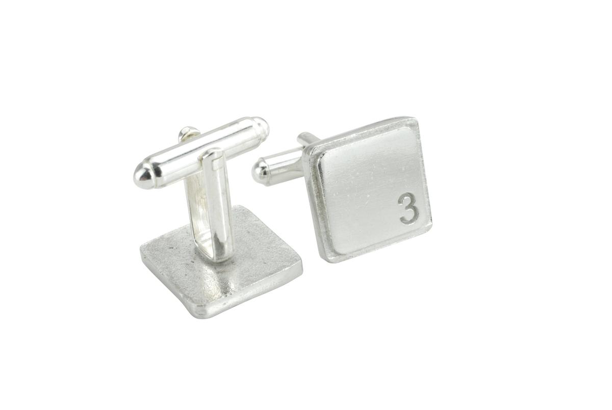 Polished Square Tin Cufflinks with '3' Engraved - 3rd Anniversary