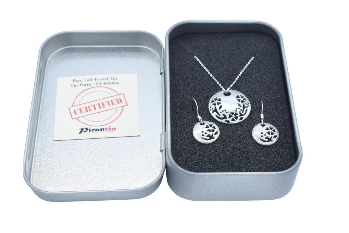 Tin  Cut Out Flower Design Jewellery Set – Handcrafted Pure Tin Necklace & Earrings, Unique 10 Year Gift for Wife