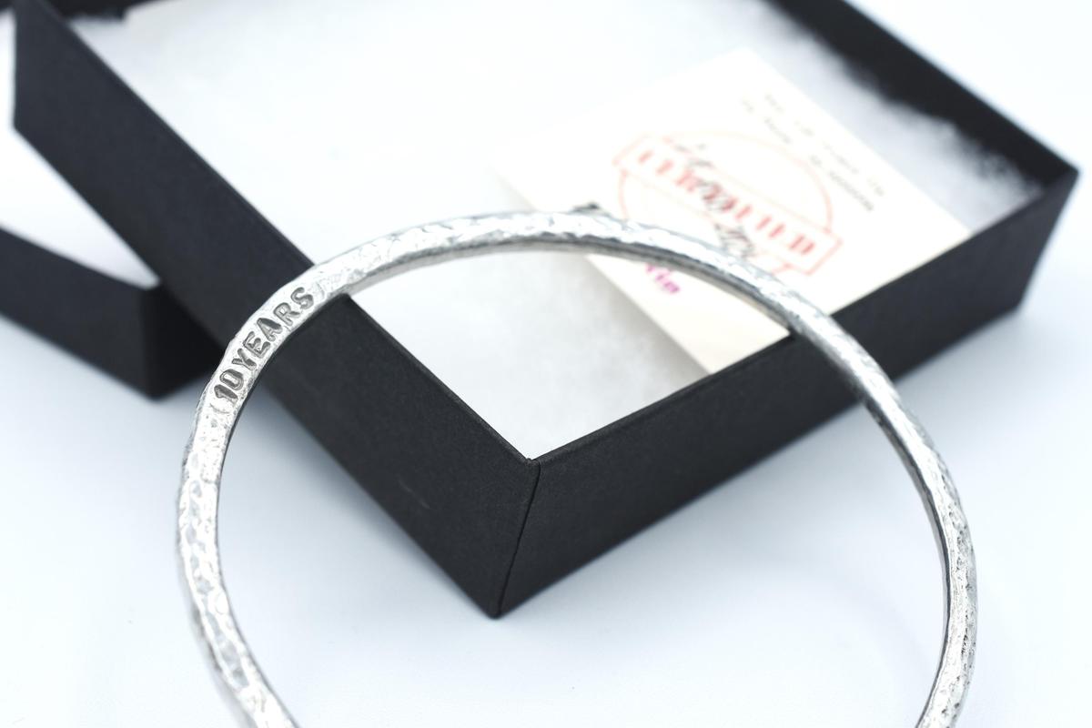Tin Bangle - 10th Anniversary Gift for Him & Her - Pure Tin Beaten Bangle Inscribed With 10 Years. 3 sizes available