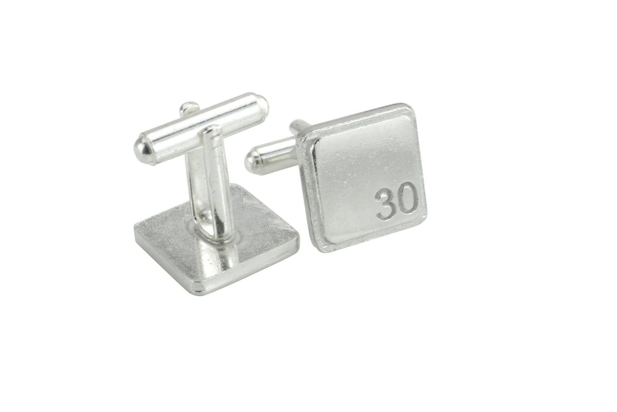 Polished Square Tin Cufflinks with '30' Engraved - 30th Anniversary