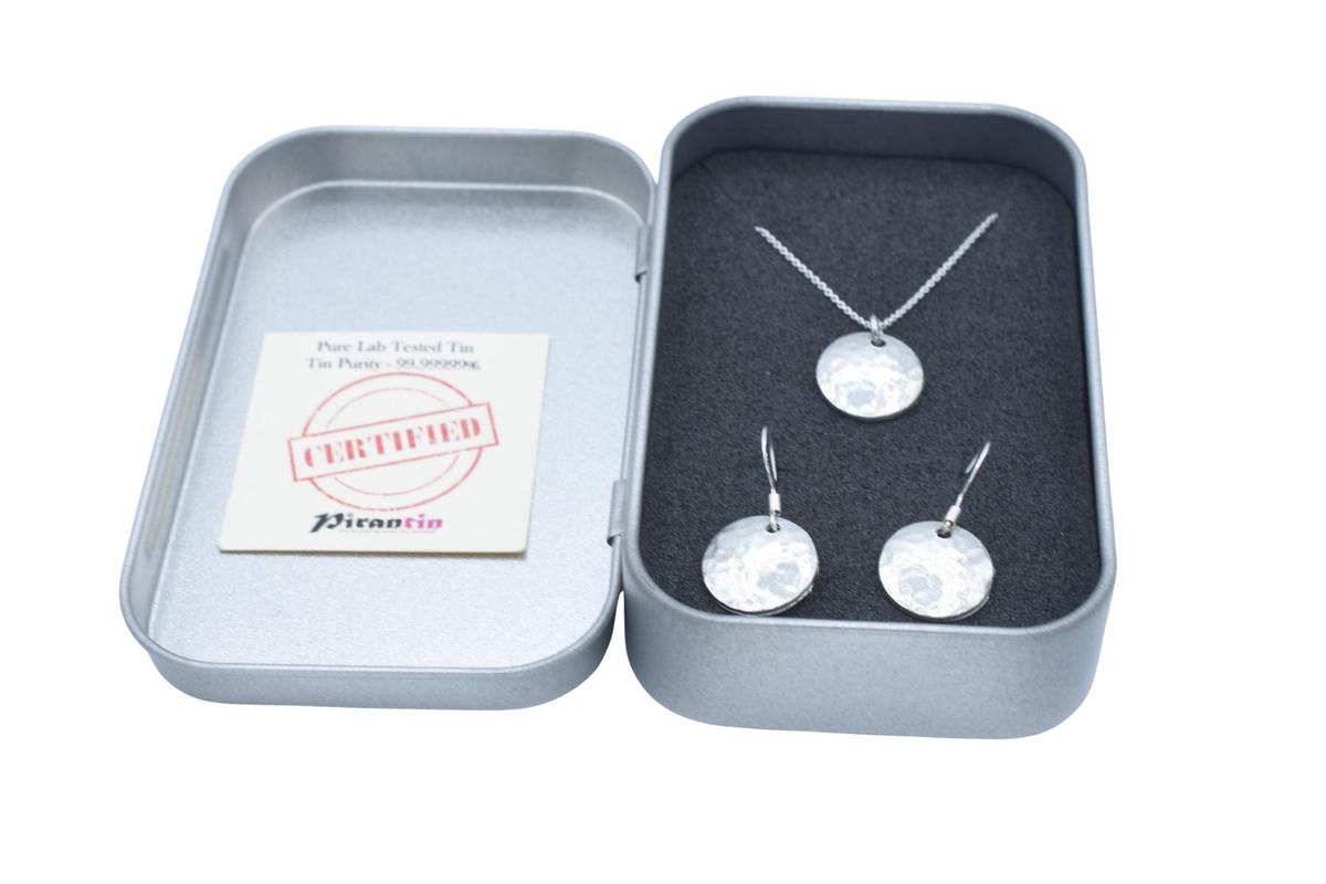 Tin 10th Anniversary Earring and Pendant Beaten Disc Set