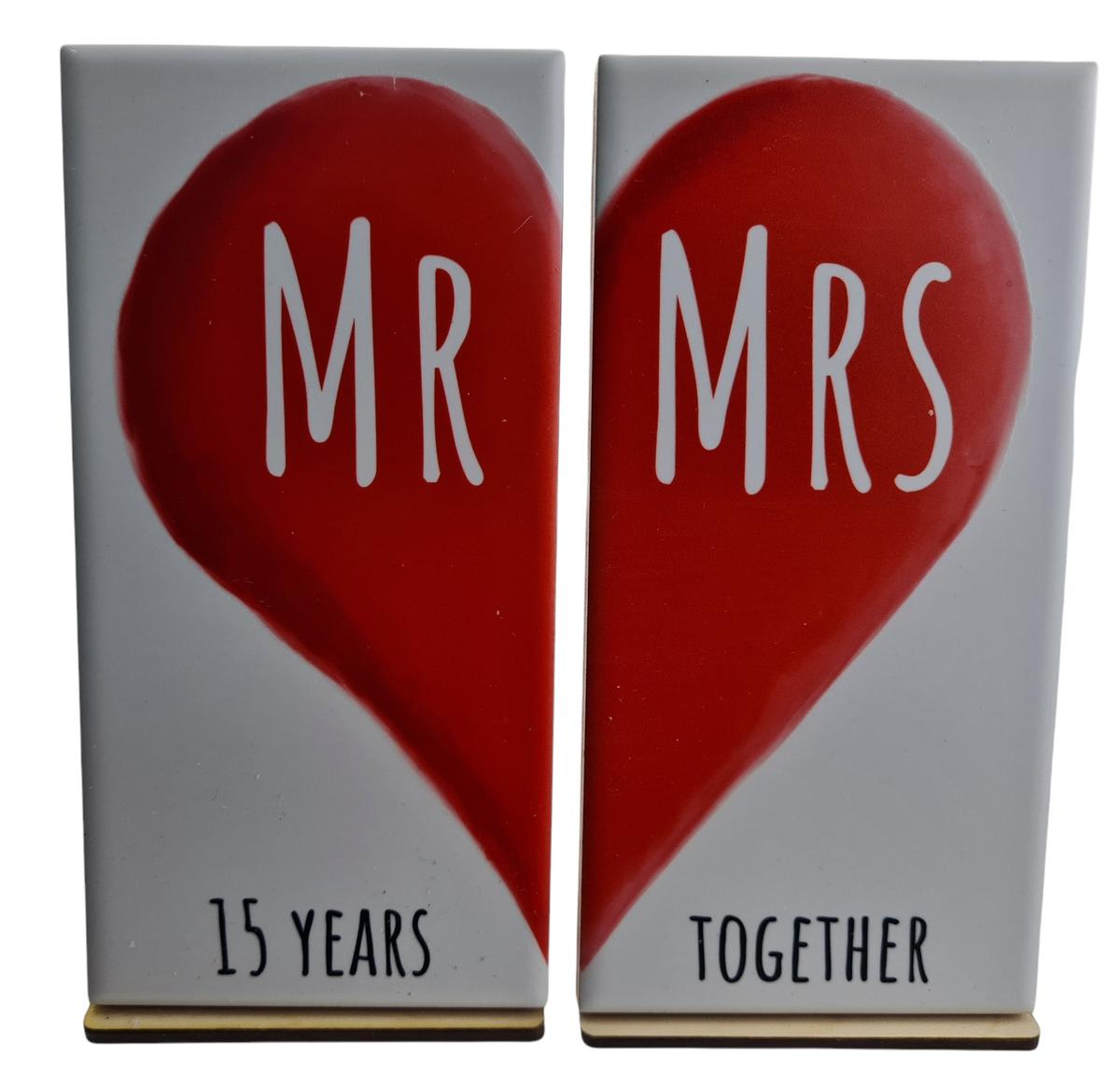 Mr & Mrs 15 Years Together - 15th Anniversary Double Tile Ornament (free stand)