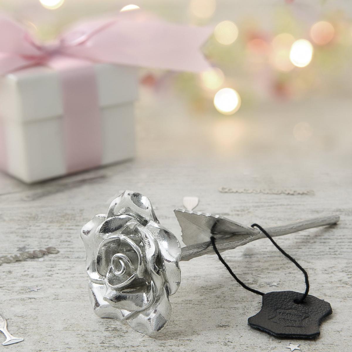 3rd Anniversary Gift - Solid Casted Metal Rose with Gift Tag