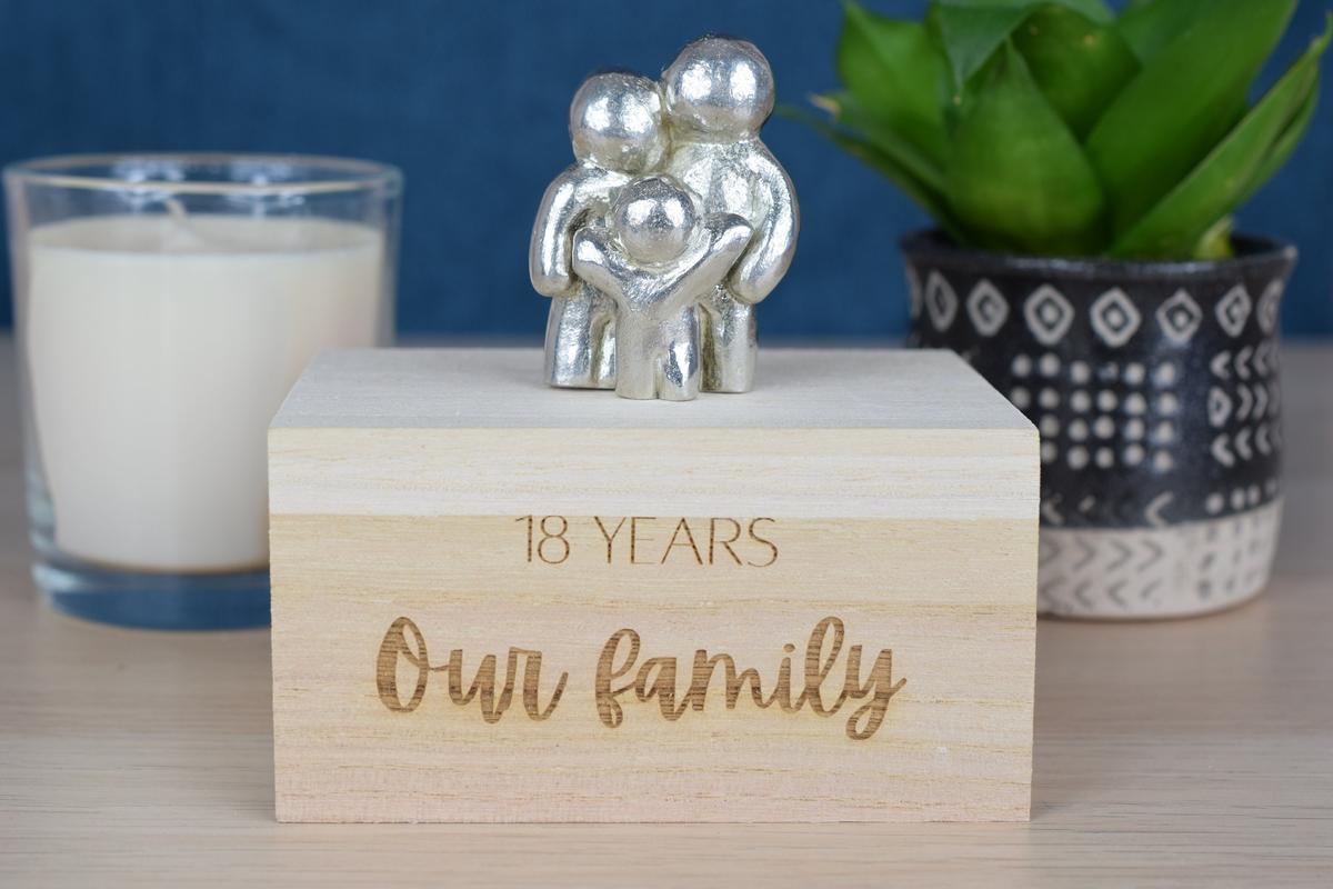 18th Anniversary Hugging Family Sculpture | Engraved Wooden Box