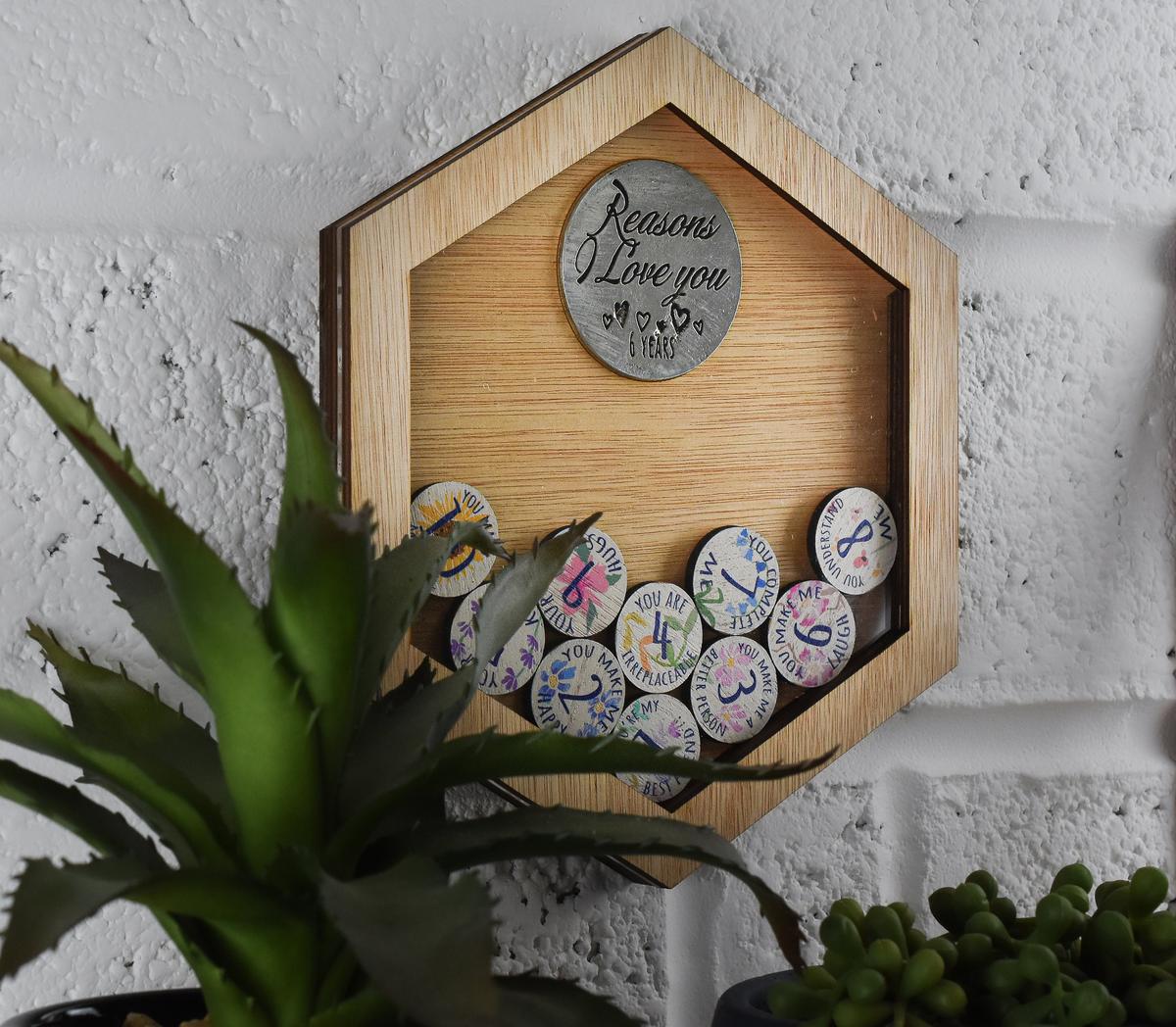 6th Anniversary Reasons I Love You Wooden Wall Frame and Full Colour Love Tokens