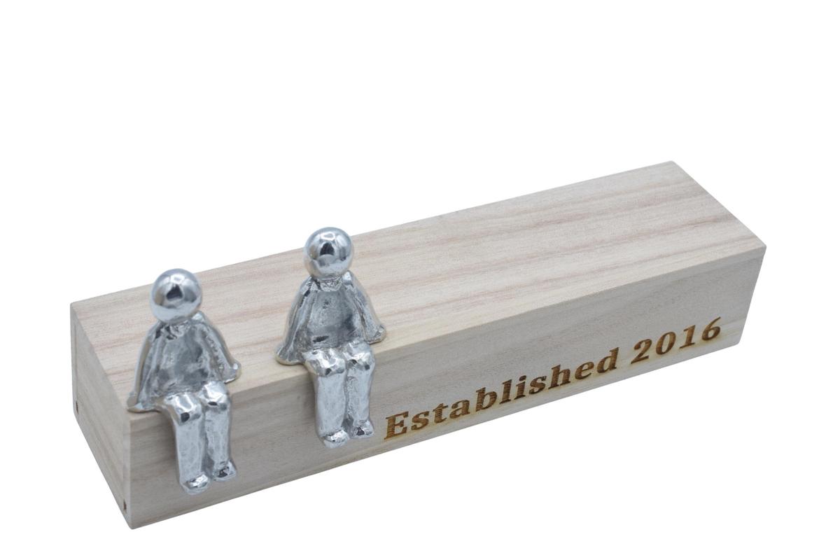 Established Family box - Tin sculpture figures with a wooden box inscribed with Established 2016, or year of your choice