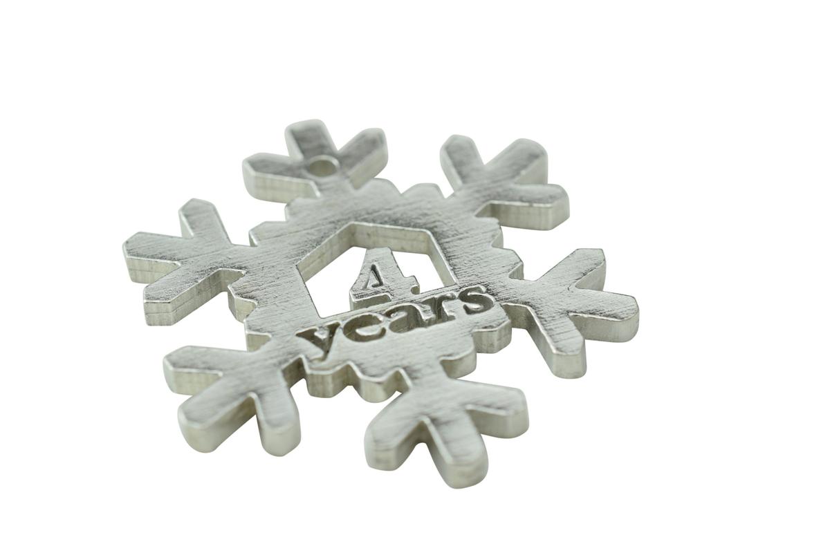 4 Year Cut Out Metal Snowflake Christmas Tree Hanging Decoration - 4th Wedding Anniversary