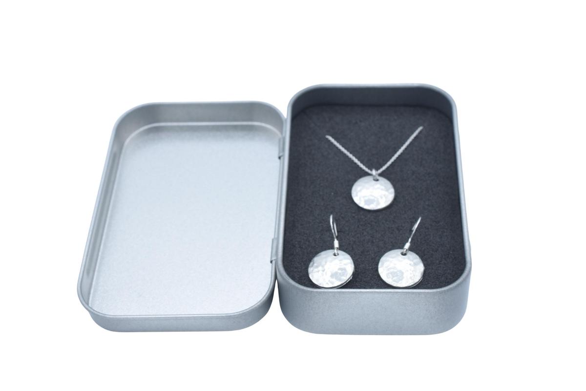 Tin 10th Anniversary Earring and Pendant Beaten Disc Set