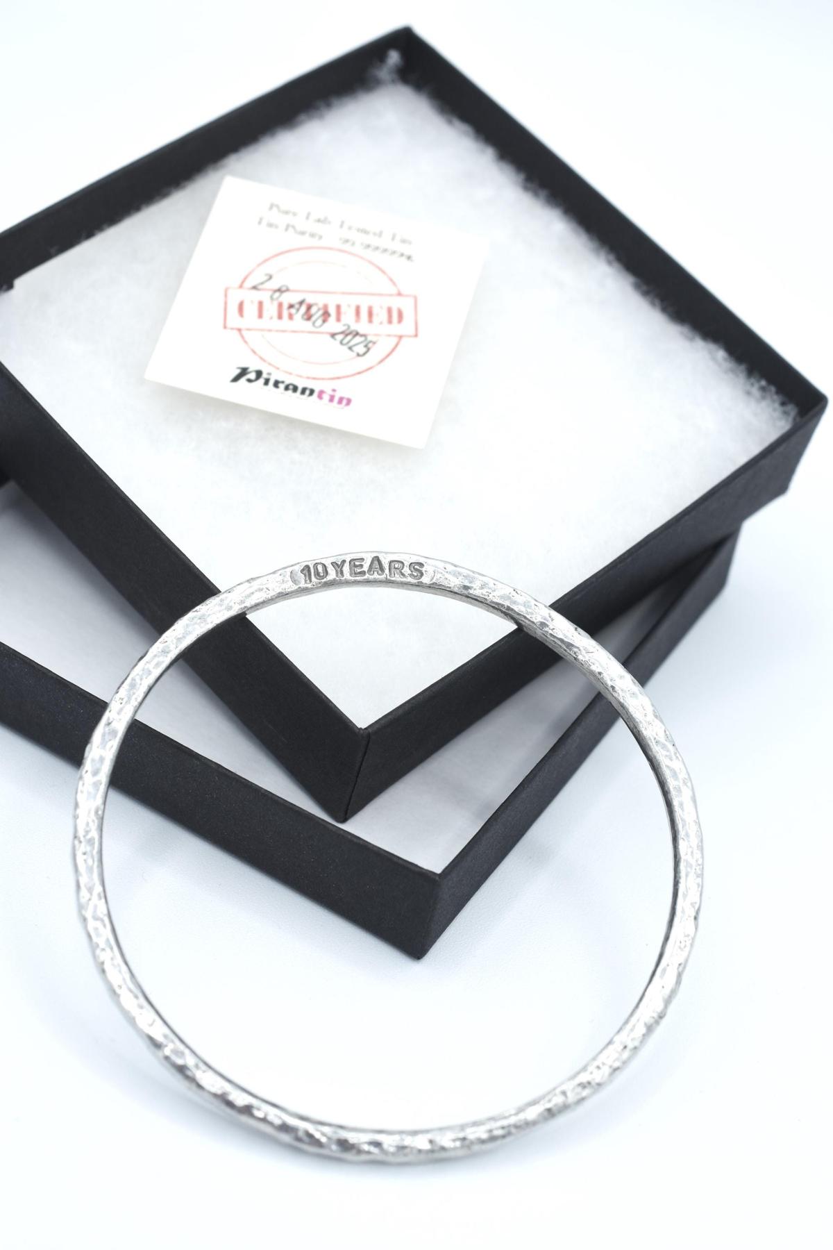 Tin Bangle - 10th Anniversary Gift for Him & Her - Pure Tin Beaten Bangle Inscribed With 10 Years. 3 sizes available