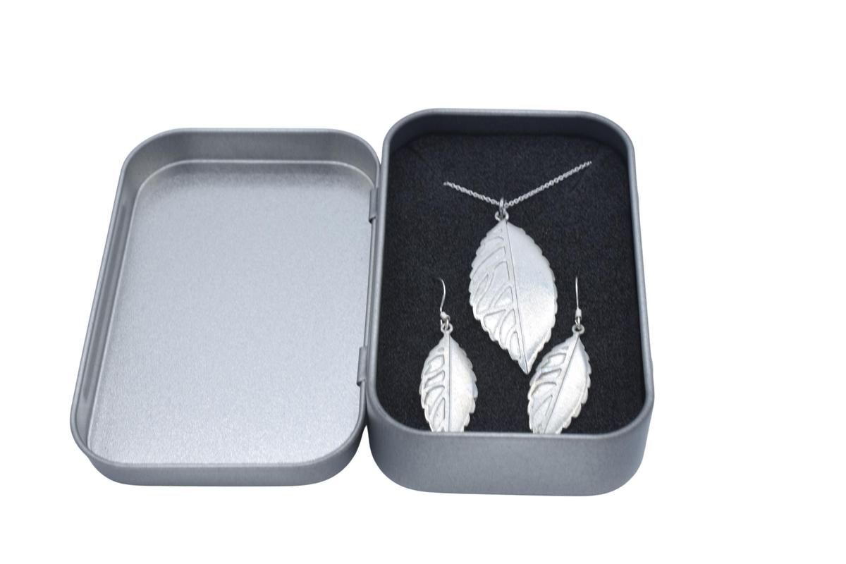 Tin Leaf Jewellery Set – Handcrafted Pure Tin Necklace & Earrings, Unique 10 Year Gift for Wife