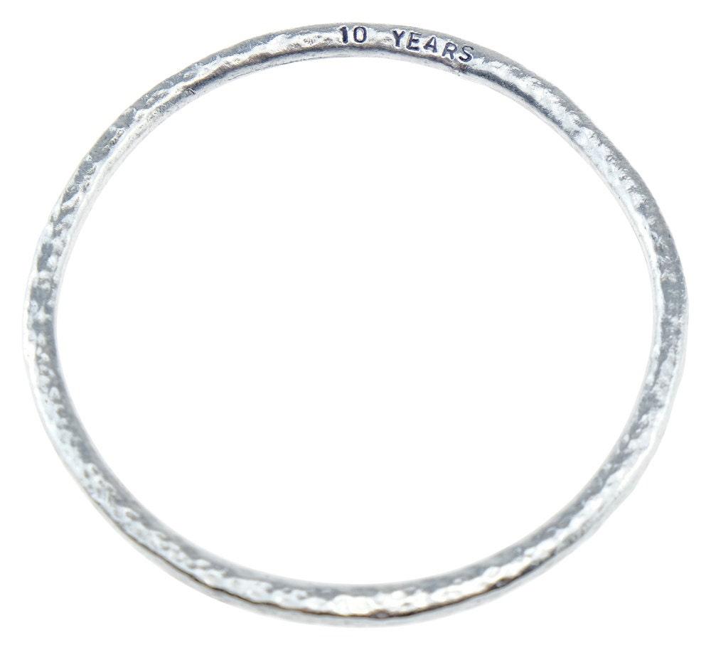 Tin Bangle - 10th Anniversary Gift for Him & Her - Pure Tin Beaten Bangle Inscribed With 10 Years. 3 sizes available