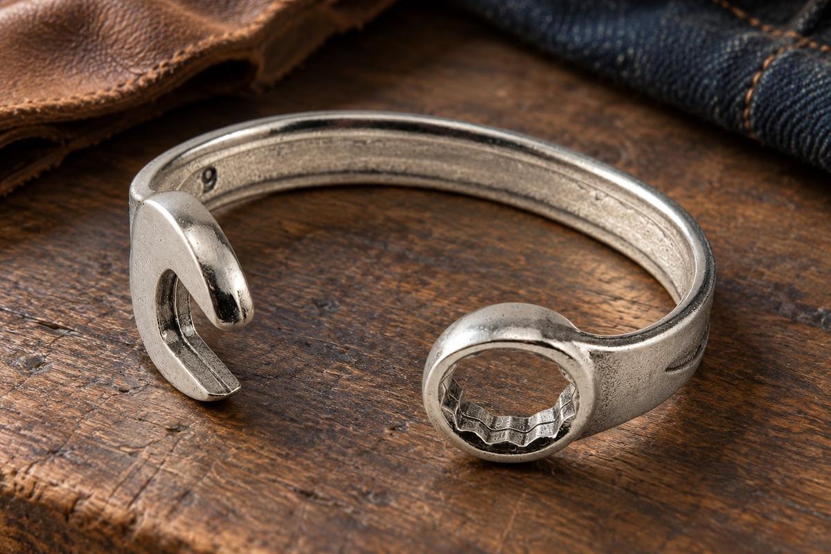 9th Anniversary Gift Ideas For Him - Spanner Wrench Bangle Bracelet - Men's Gift Stamped With 9 YEARS
