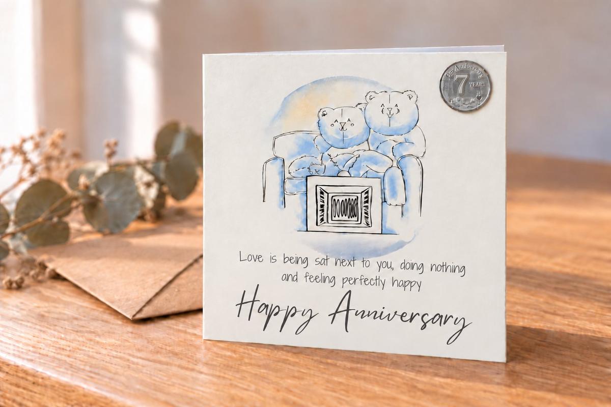7th Anniversary Card - Relaxed Bears Watching TV, with 7th Anniversary Metal Token