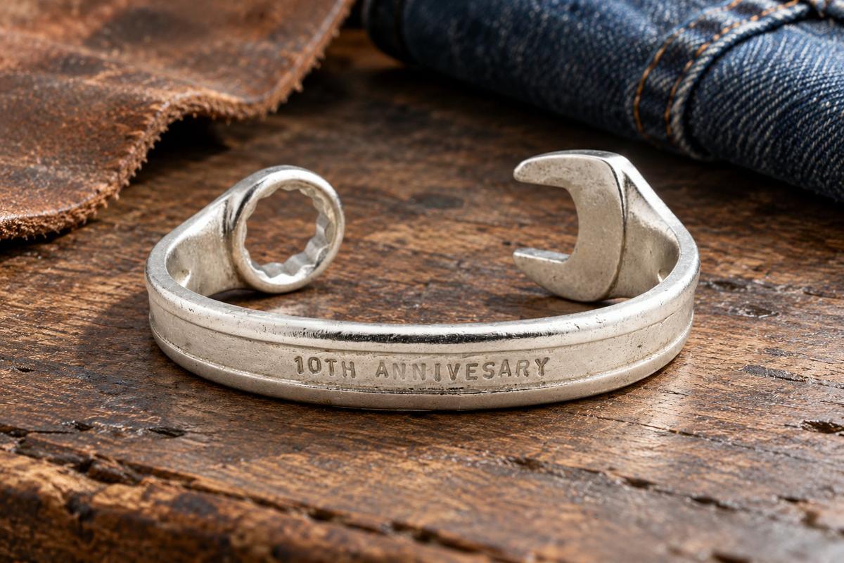 10th Anniversary Spanner Bangle - 10th Anniversary stamped on the front - Tin wedding gift