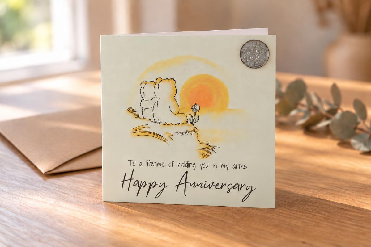 3rd Anniversary Card - Bears Watching the Sunset, with 3rd Anniversary Metal Token