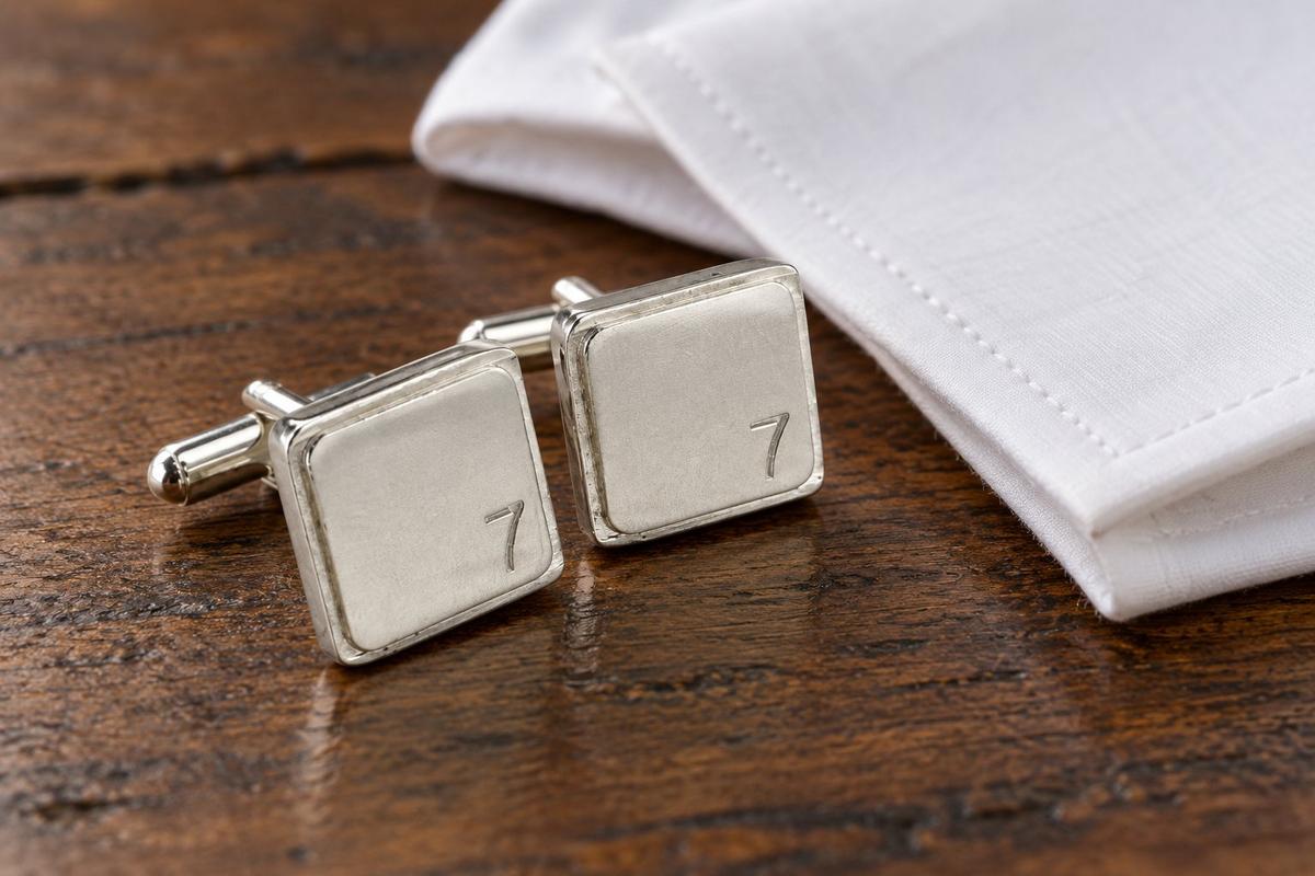 Polished Square Tin Cufflinks with '7' Engraved - 7th Anniversary