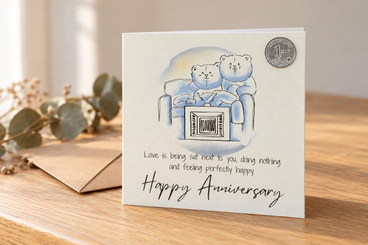 1st Anniversary Card - Relaxed Bears Watching TV, with 1st Anniversary Metal Token