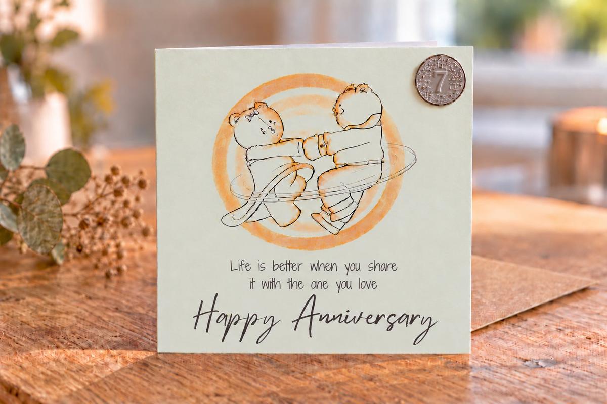 7th Anniversary Card - Bears Dancing, with 7th Anniversary Metal Token