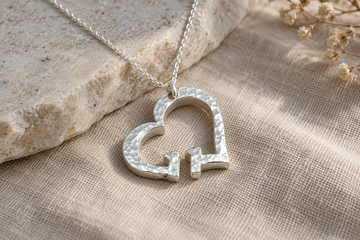11th Anniversary Beaten Heart Pendant with Sterling Silver Chain