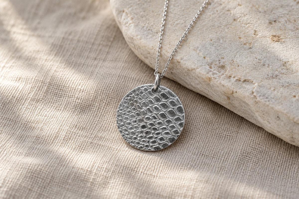 Tin Textured Snake Skin Effect Pendant Necklace – 10th Anniversary Gift, Pure Tin