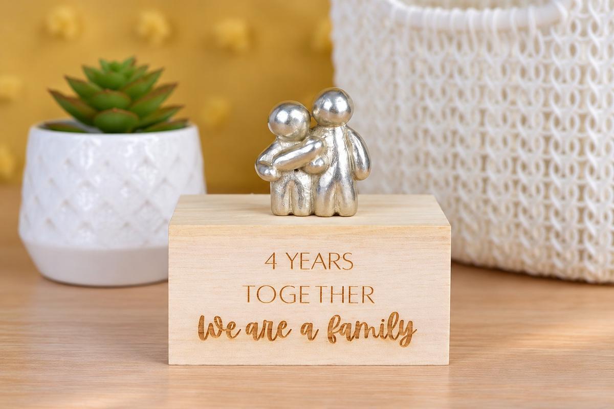 4th Anniversary Family Sculpture | Engraved Wooden Keepsake