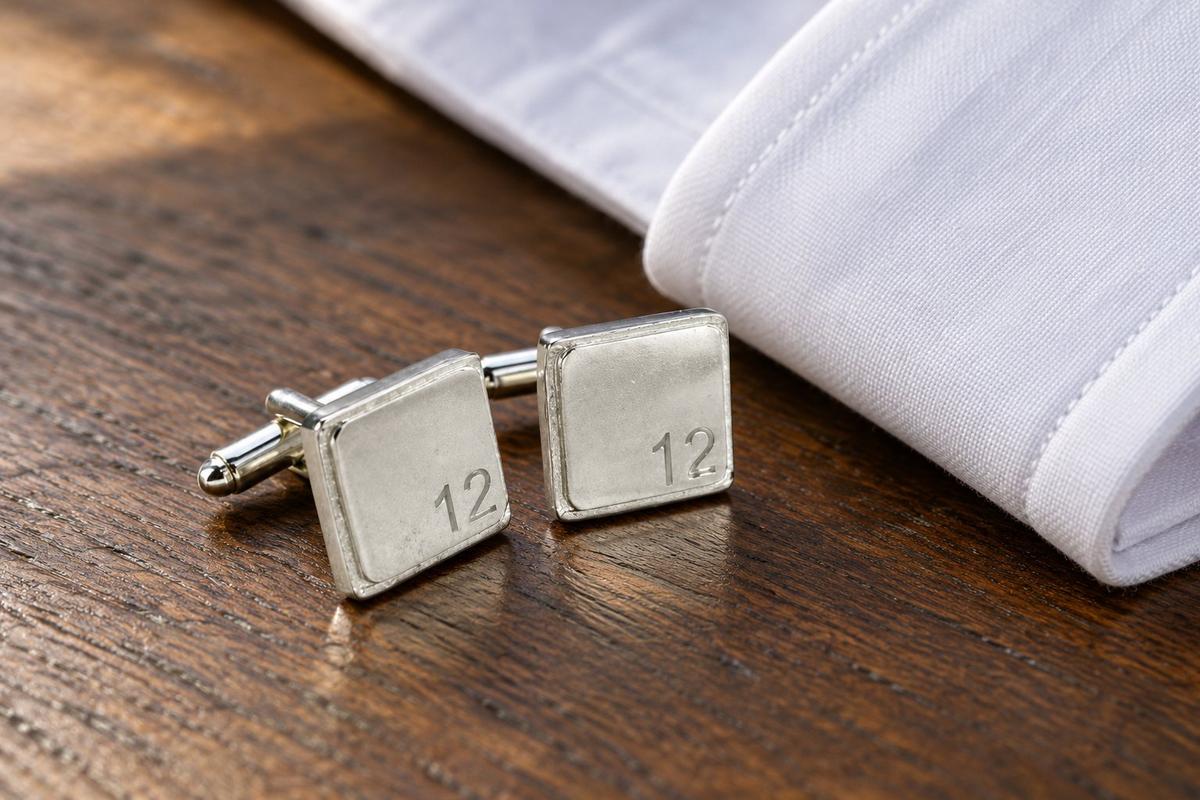 Polished Square Tin Cufflinks with '12' Engraved - 12th Anniversary